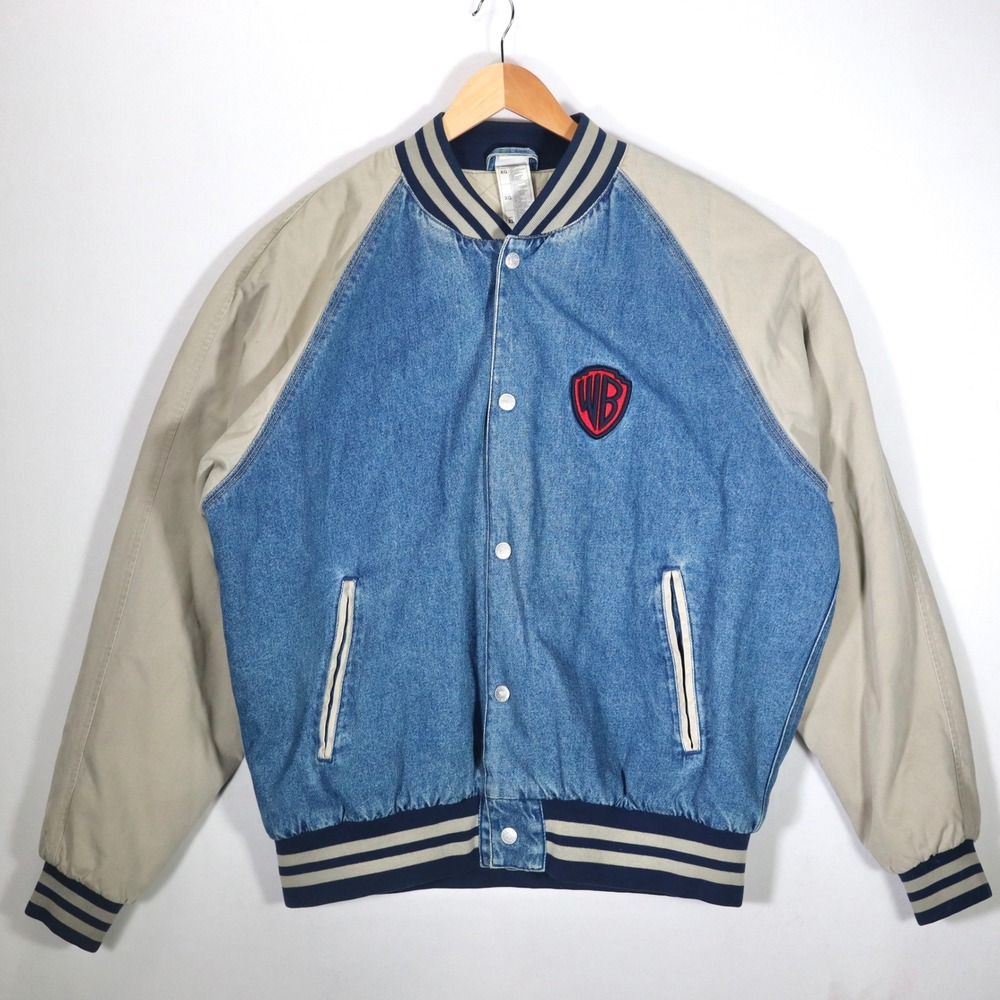 Warner Bros Varsity Jacket Mens XL Blue Denim Vintage Looney Tunes 90s Casual
